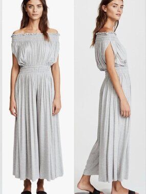 Norma Kamali Peasant Jumpsuit XS Gray Off The Shoulder Wide Leg Smocked Stretchy